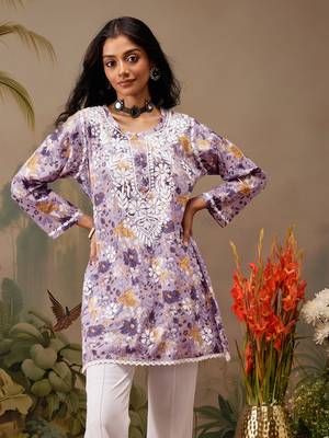 Hand embroidered floral printed lavender cotton lucknowi chikankari short kurti 1