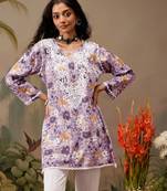 Hand embroidered floral printed lavender cotton lucknowi chikankari short kurti