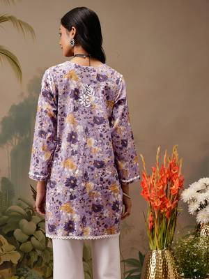 Hand embroidered floral printed lavender cotton lucknowi chikankari short kurti 2