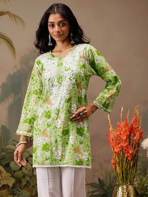Hand embroidered floral printed green cotton lucknowi chikankari short kurti 1
