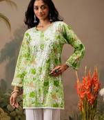 Hand embroidered floral printed green cotton lucknowi chikankari short kurti