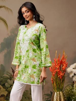 Hand embroidered floral printed green cotton lucknowi chikankari short kurti 3