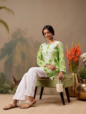 Hand embroidered floral printed green cotton lucknowi chikankari short kurti 4
