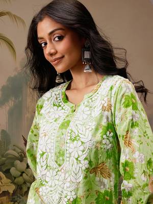 Hand embroidered floral printed green cotton lucknowi chikankari short kurti 5