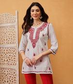 Hand embroidered white cotton lucknowi chikankari short kurti