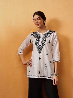 Hand embroidered white cotton lucknowi chikankari short kurti 1