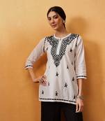 Hand embroidered white cotton lucknowi chikankari short kurti