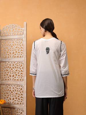 Hand embroidered white cotton lucknowi chikankari short kurti 2