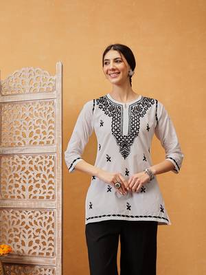 Hand embroidered white cotton lucknowi chikankari short kurti 3