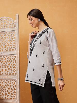 Hand embroidered white cotton lucknowi chikankari short kurti 4