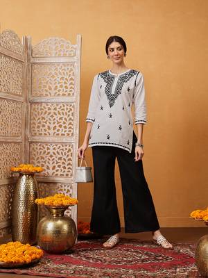 Hand embroidered white cotton lucknowi chikankari short kurti 5