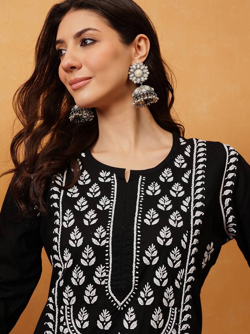 Hand embroidered black cotton lucknowi chikankari straight kurta