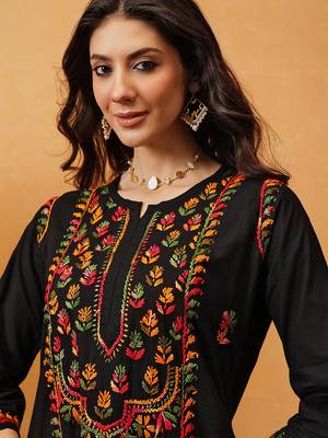 Hand embroidered black cotton lucknowi chikankari straight kurta 7