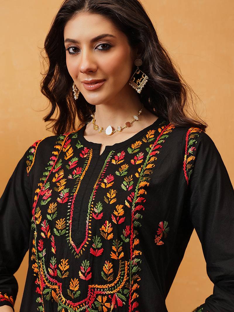 Hand embroidered black cotton lucknowi chikankari straight kurta