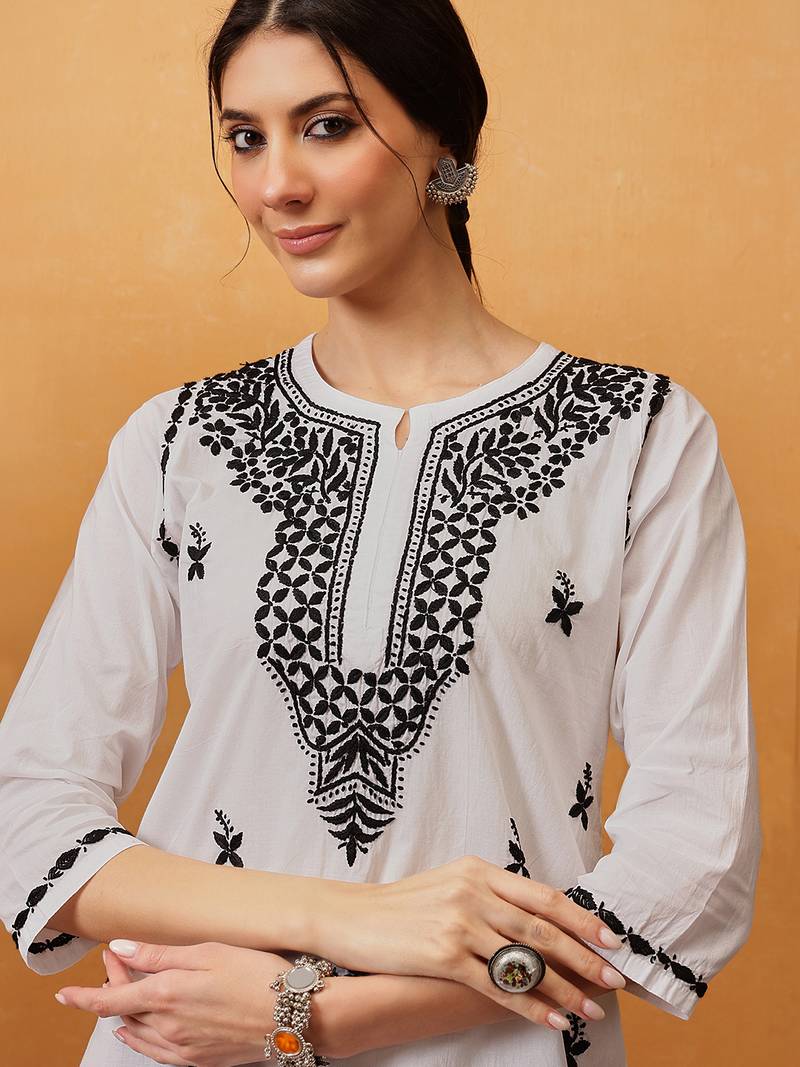 Hand embroidered white cotton lucknowi chikankari short kurti