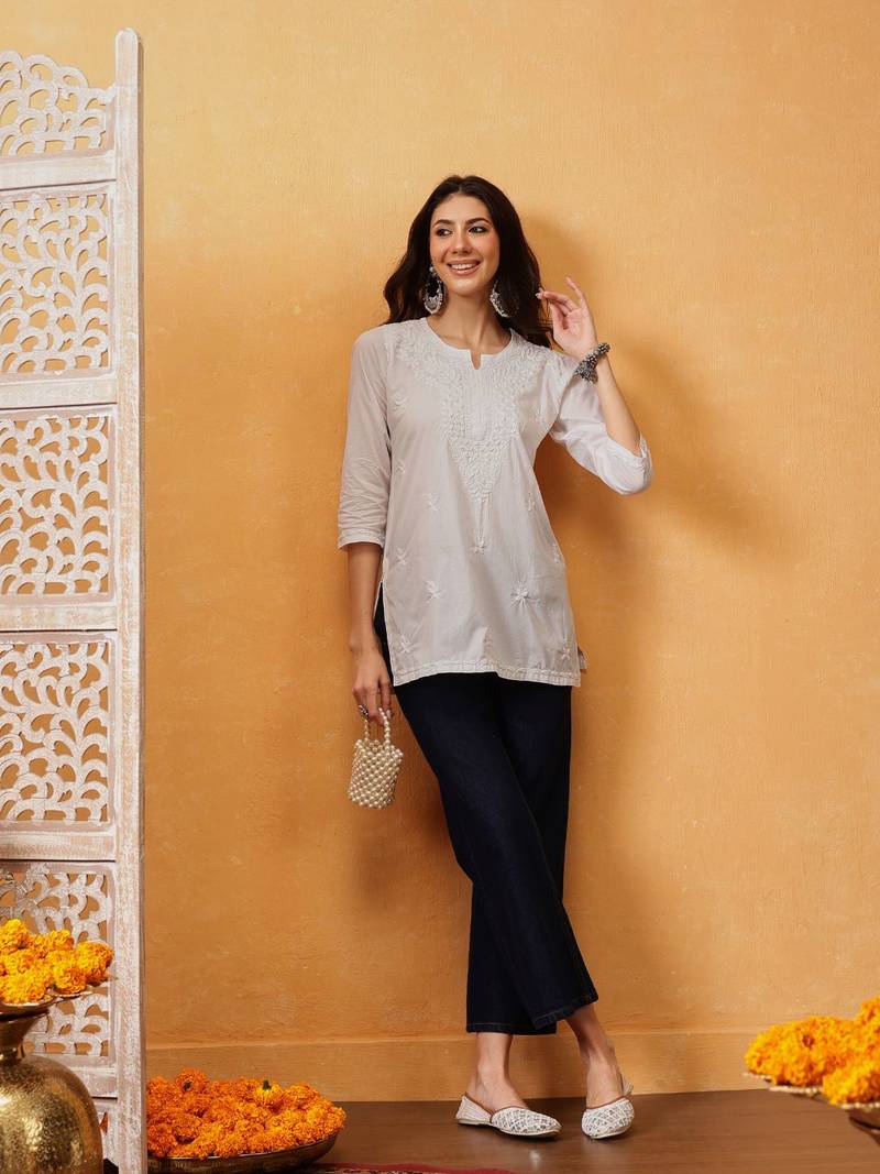 Hand embroidered white cotton lucknowi chikankari short kurti