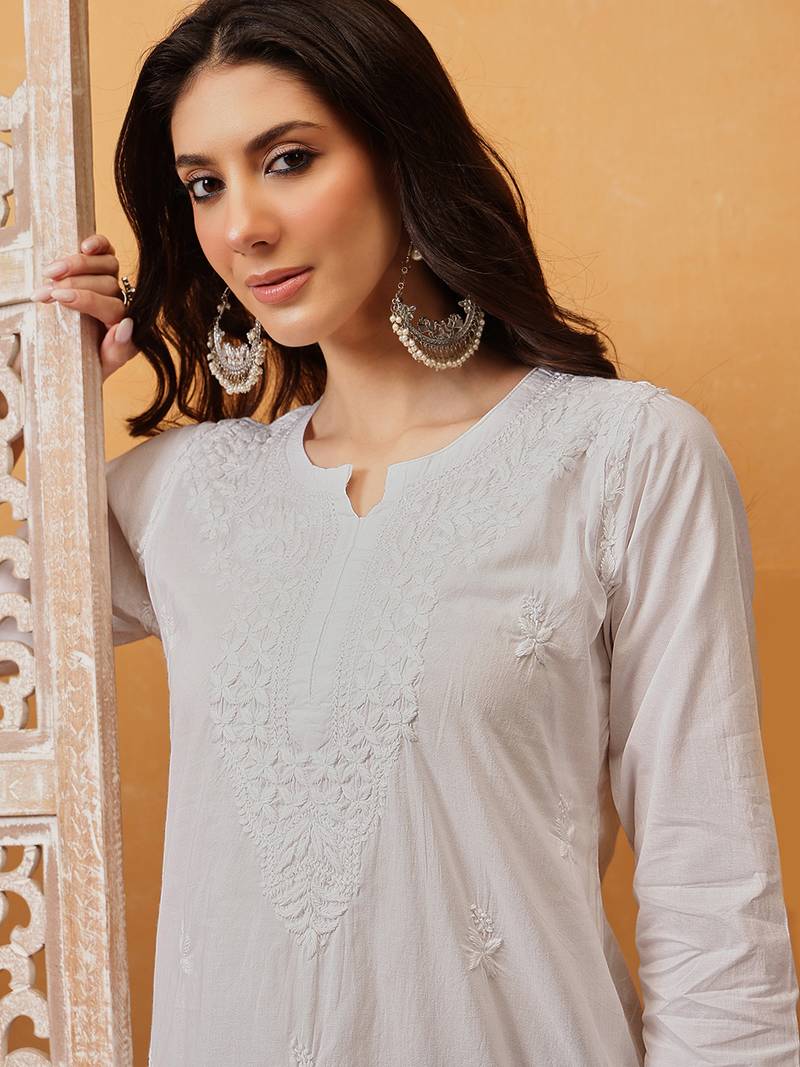 Hand embroidered white cotton lucknowi chikankari short kurti