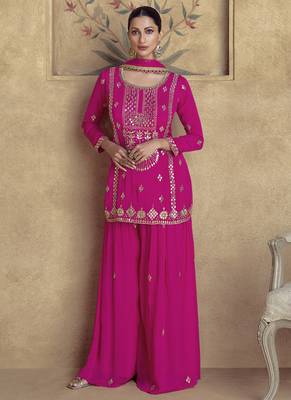Pink chinon silk embroidered Palazzo suit 1