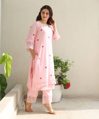 Floral elegance: pink cotton gauze kurta set with kota doriya dupatta 5