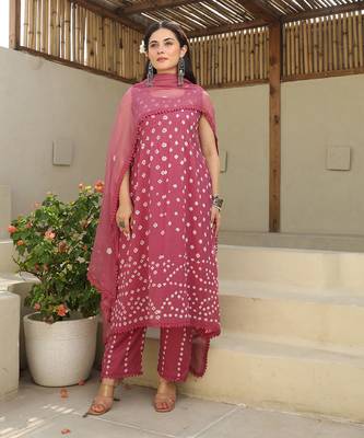 Blush blossom mulmul cotton hand tie and dye bhandhej a-line kurta set 1