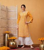 Hand embroidered mustard georgette lucknowi chikankari straight kurta with palazzo