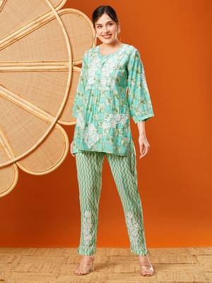 Hand embroidered sea green chanderi lucknowi chikankari co-ord set 1