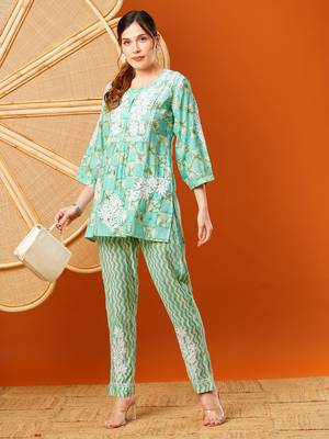 Hand embroidered sea green chanderi lucknowi chikankari co-ord set 3