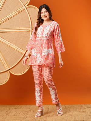 Hand embroidered peach chanderi lucknowi chikankari co-ord set 1
