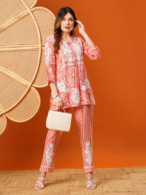 Hand embroidered peach chanderi lucknowi chikankari co-ord set 3