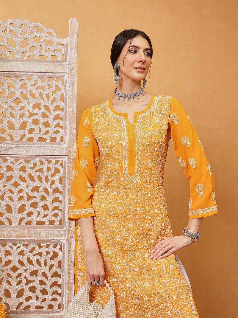 Hand embroidered mustard georgette lucknowi chikankari straight kurta with palazzo
