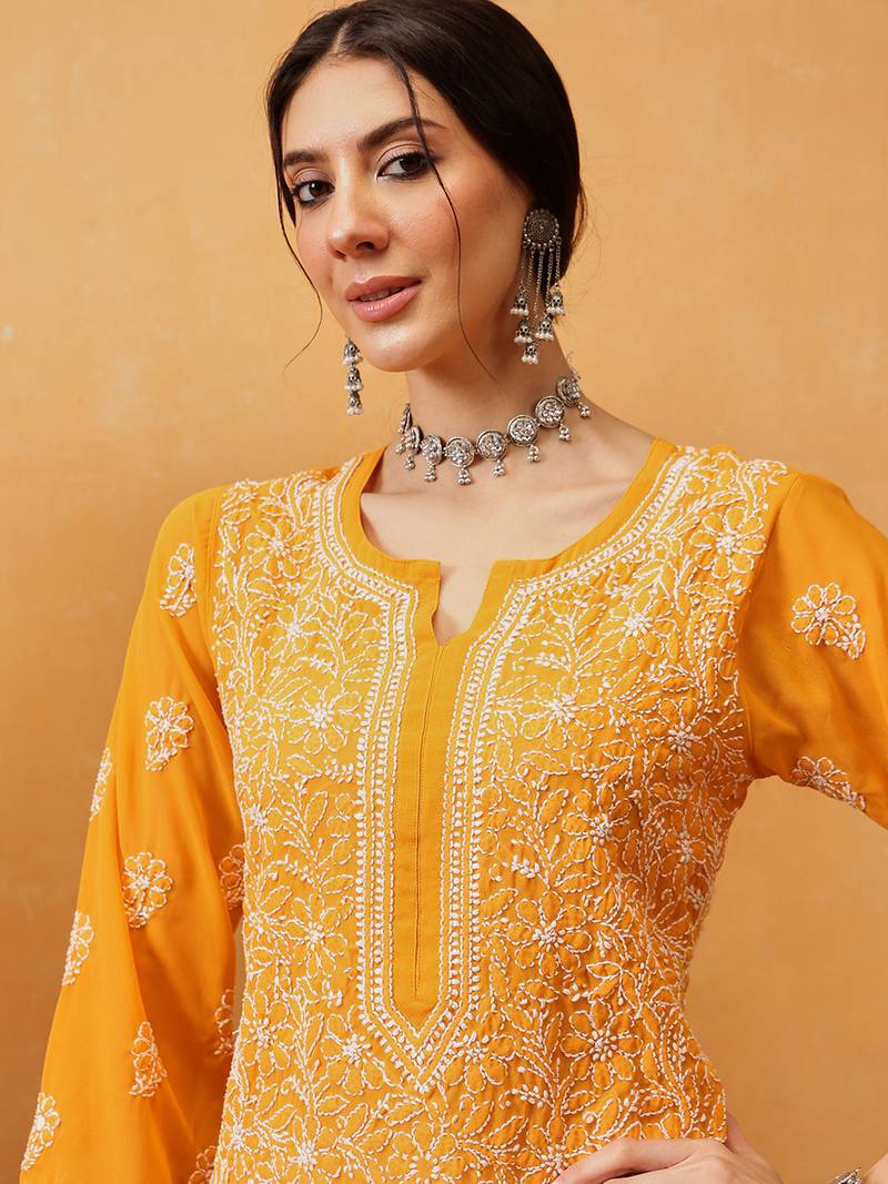 Hand embroidered mustard georgette lucknowi chikankari straight kurta with palazzo