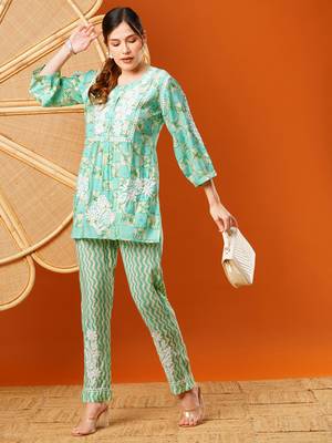 Hand embroidered sea green chanderi lucknowi chikankari co-ord set 6