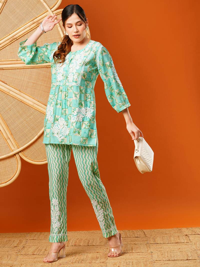 Hand embroidered sea green chanderi lucknowi chikankari co-ord set