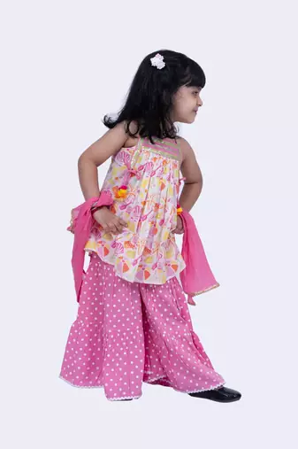 Twisha smart cotton printed breezy beach  top & polka dotted sharara -white & pink