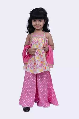 Twisha smart cotton printed breezy beach  top & polka dotted sharara -white & pink