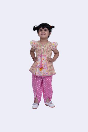 Twisha cute cotton printed breezy beach top & polka printed dhoti-white & pink