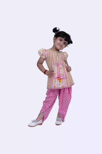 Twisha cute cotton printed breezy beach top & polka printed dhoti-white & pink