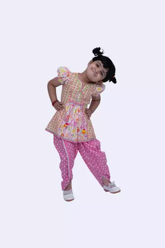 Twisha cute cotton printed breezy beach top & polka printed dhoti-white & pink