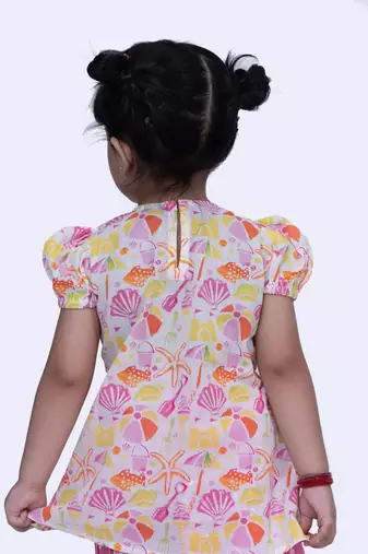Twisha cute cotton printed breezy beach top & polka printed dhoti-white & pink