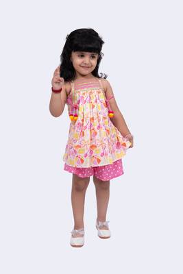 Twisha smart cotton printed breezy beach top & polka printed shorts -white & pink 1
