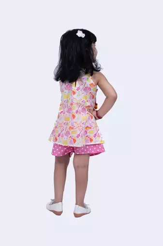 Twisha smart cotton printed breezy beach top & polka printed shorts -white & pink