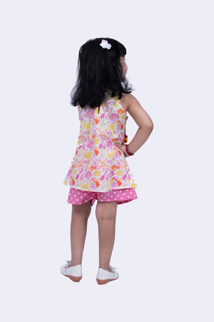 Twisha smart cotton printed breezy beach top & polka printed shorts -white & pink