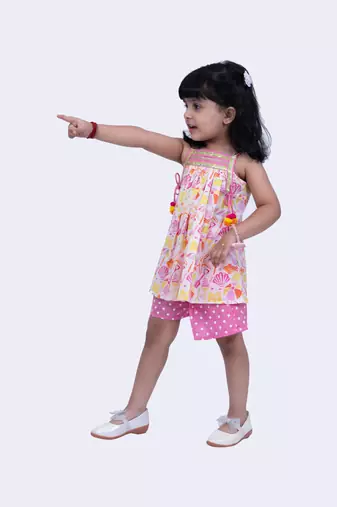 Twisha smart cotton printed breezy beach top & polka printed shorts -white & pink