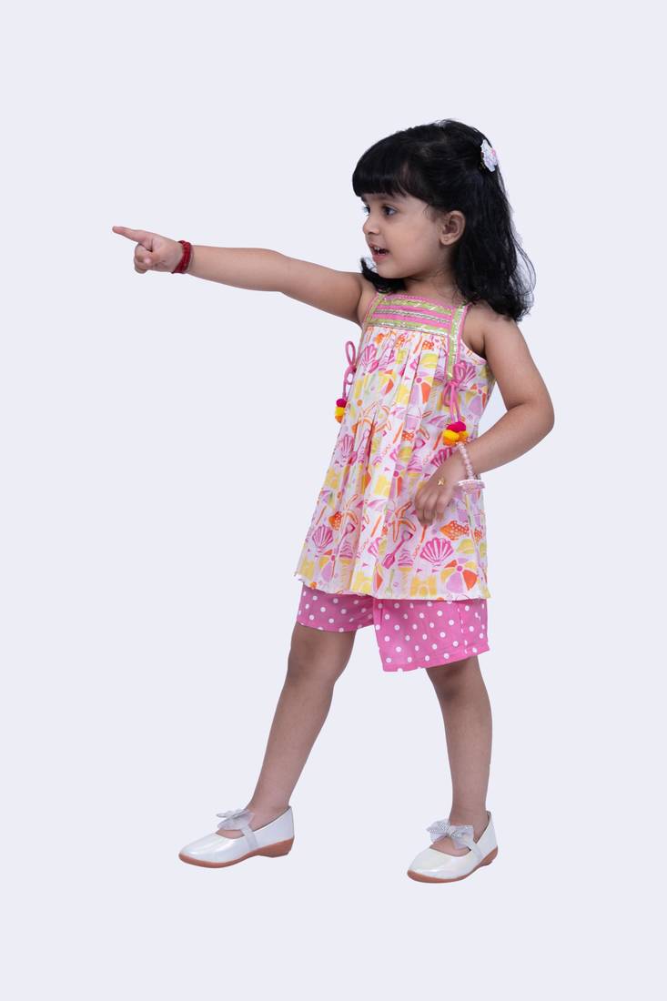 Twisha smart cotton printed breezy beach top & polka printed shorts -white & pink