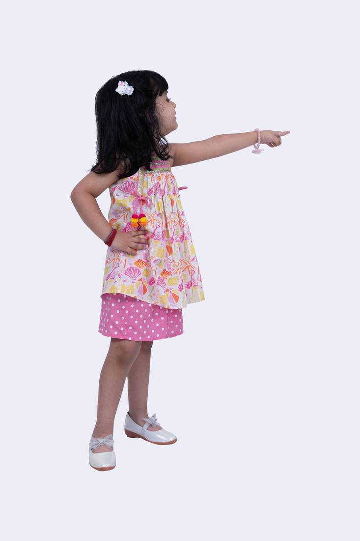 Twisha smart cotton printed breezy beach top & polka printed shorts -white & pink