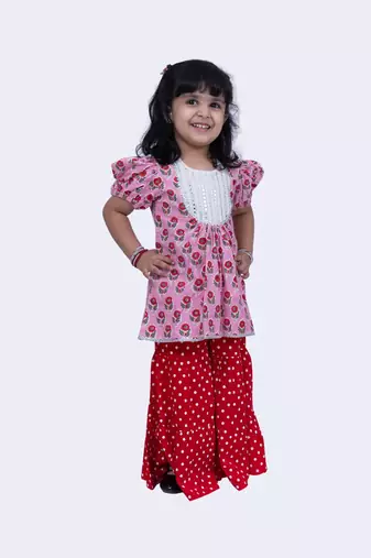 Twisha beautiful cotton printed top & polka printed sharara-pink & red