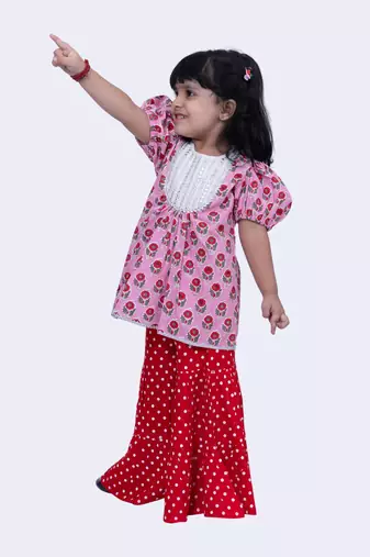 Twisha beautiful cotton printed top & polka printed sharara-pink & red