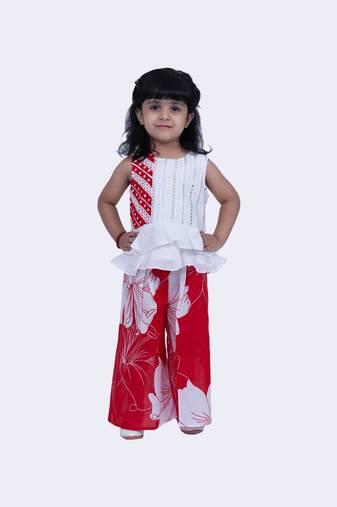 Twisha cotton smart polka and pansies top with floral printed palazzo-white & red