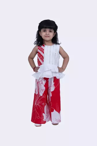 Twisha cotton smart polka and pansies top with floral printed palazzo-white & red