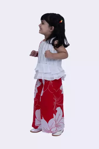 Twisha cotton smart polka and pansies top with floral printed palazzo-white & red